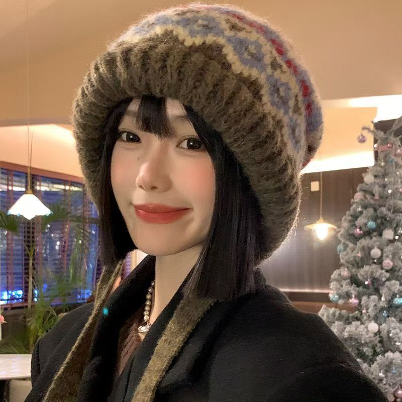 秋冬两用包包帽子复古着风保暖渔夫针织护耳民族风绑带毛线堆堆帽|undefined
