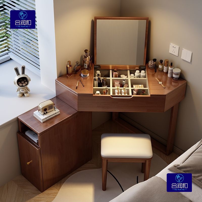 New Solid Wood Corner Dressing Table Bedroom Internet Celebrity Simple Small Apartment Storage Flip-Top All-In-One Multi-Functional Dressing Table