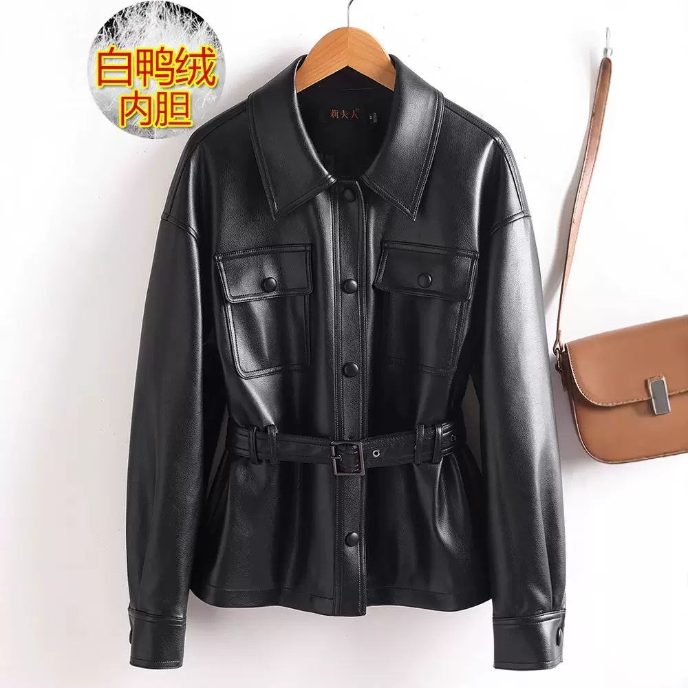 宋佳同款真皮羽绒服外套女士短款冬季新款系带收腰皮衣加厚皮夹克