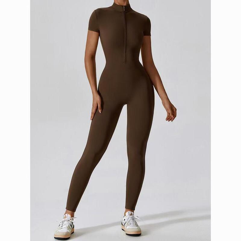 Spring and Summer Zipper Short-sleeved Naked Air Yoga One-piece Fitness Trousers for Women