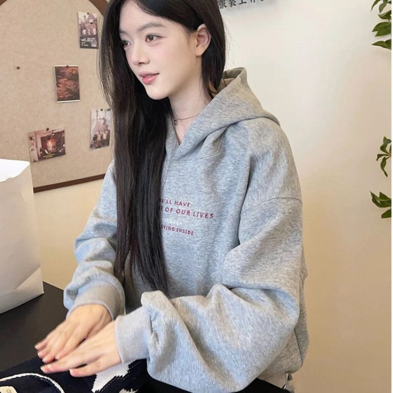 初秋松弛感!美式复古灰色连帽长袖卫衣女秋季新款小个子宽松上衣|undefined