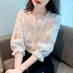 夏半袖シフォンシャツレディース2025新作パフスリーブミッドスリーブトップシックな5分袖シャツ