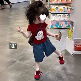 女童套装夏季新款洋气女宝宝夏装卡通短袖时髦牛仔短裤两2026新款
