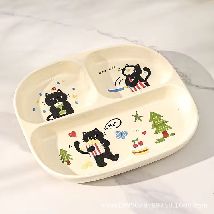 陶器製分割脂肪低減ディナープレート、一人用、家庭用朝食食器、子供用かわいい定量プレート、3分割ディナープレート|undefined