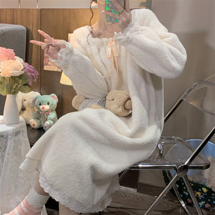 Princess Style Nightgown Women's Long-sleeved New Warm Thickened Nightgown Winter Korean Style Female Student suit Home Clothes