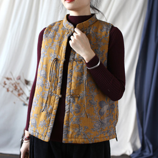 23110 Ximo original Ramie digital printing warm quilted vest retro loose distressed cotton vest