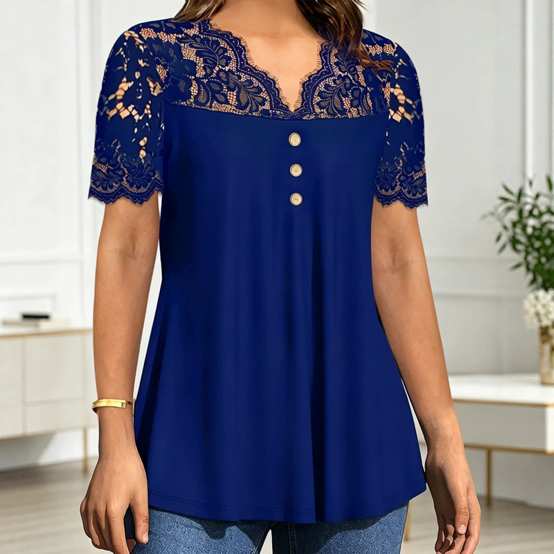 European and American Style Lace Splicing V-Neck Short-Sleeved T-Shirt for Women 2026 Spring New Style Loose-Fitting Elegant Work Clothing Top