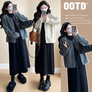 Real Shot in stock Pregnant Women's Autumn suit Fashion Going Out Long Sleeve Shirt Dress Loose Belly Covering Pregnant Women's Top Two-Piece Set