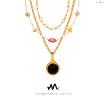 欧美新款简约个性时尚百搭钛钢镀金天然虎眼石吊坠项链饰品女批发