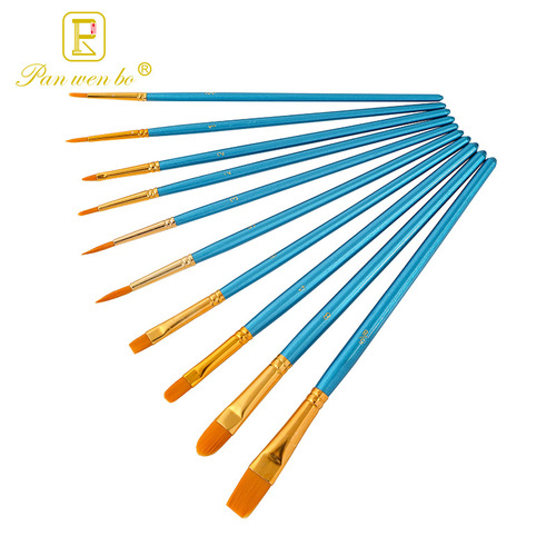 Panwenbo Oil Paint Brush 10 Pack Pearlescent Blue Nylon Paint Brush Hook Line Pen Watercolor Water Chalk Set Wholesale