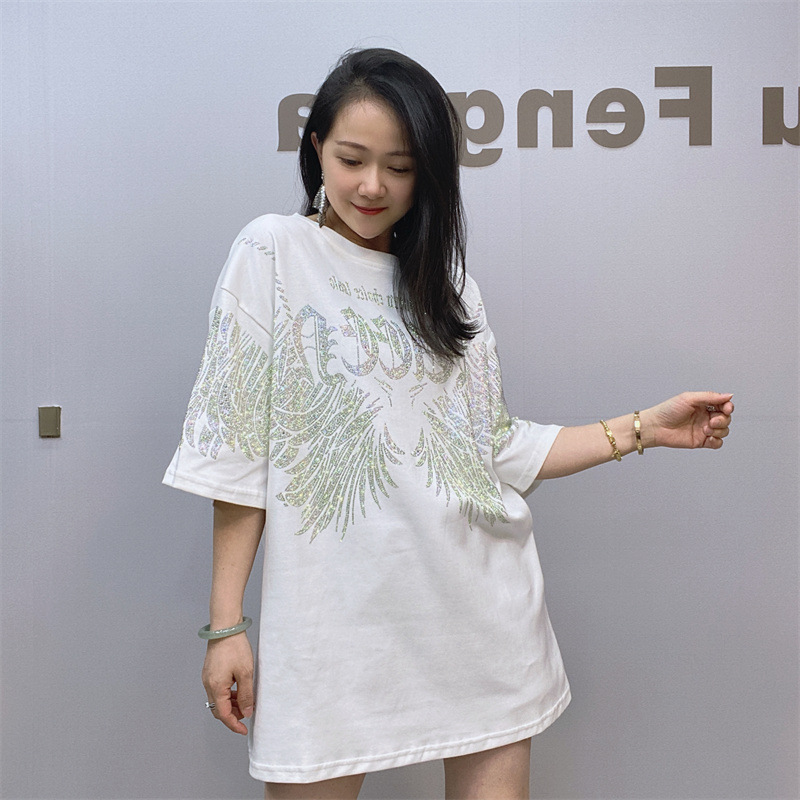 Amazon ropa de comercio exterior otoño nuevo top de manga corta marca de moda de las mujeres rhinestone camiseta de las mujeres de una sola pieza envío gratuito image 4