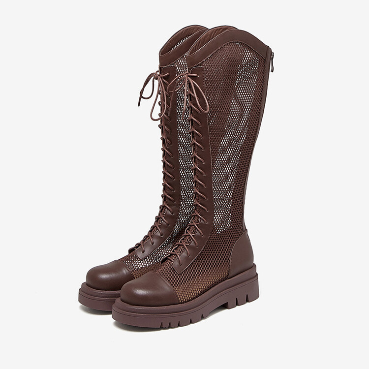 Boot lưới da thật cổ cao đế dày thoáng khí mùa xuân hè phong cách kỵ sĩ buộc dây — Màu nâu ống lớn, Màu đen cổ ống lớn, Ống nhỏ màu đen, Ống nhỏ màu be chi tiết 78