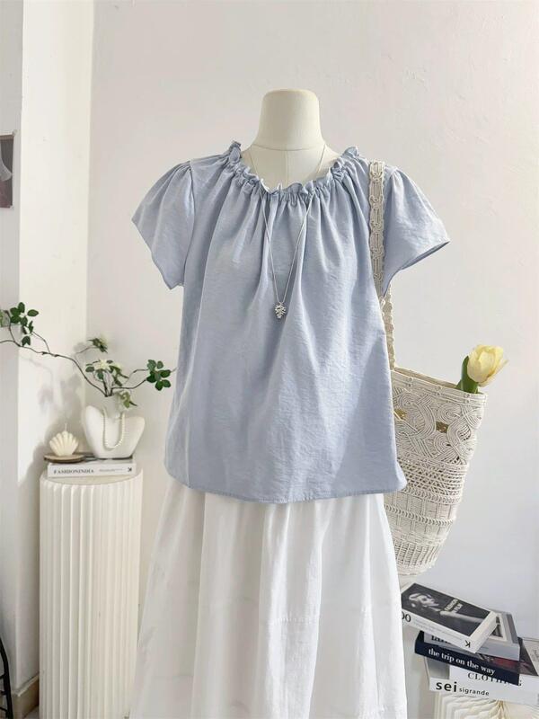 Women's 2026 Summer Thin Loose-Fit Babydoll Blouse with Back Tie, Lace Round Neck, Short Sleeves, and Youthful Look Women's 2026 Summer Thin Loose-Fit Babydoll Blouse with Back Tie, Lace Round Neck, Short Sleeves, and Youthful Look