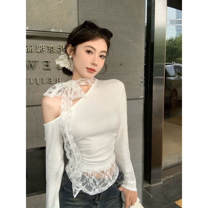 Real Shot of Sexy Style Slanted Collar Splicing Lace Off-Shoulder Long-Sleeved T-Shirt Feminine Neck Ribbon Bottoming Shirt Trendy 91440
