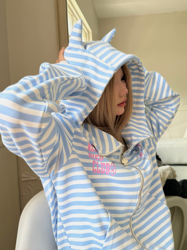 恶魔角印花条纹外套女早秋新款连帽开衫卫衣短款y2k轻亚夹克上衣|undefined