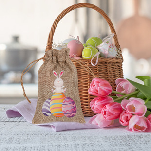 Cross-Border New Product Easter Gift Drawstring Linen Bag Gift Bag Rabbit Pattern Ready-Made Creative Linen Drawstring Bag