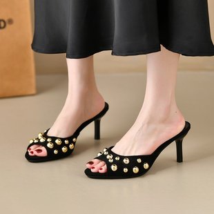 Foreign Trade Accessible Luxury 2025 Summer New Korean Style Rivet One-Line Outer Wear Elegant High-Heeled Sandals Stiletto Slippers for Women