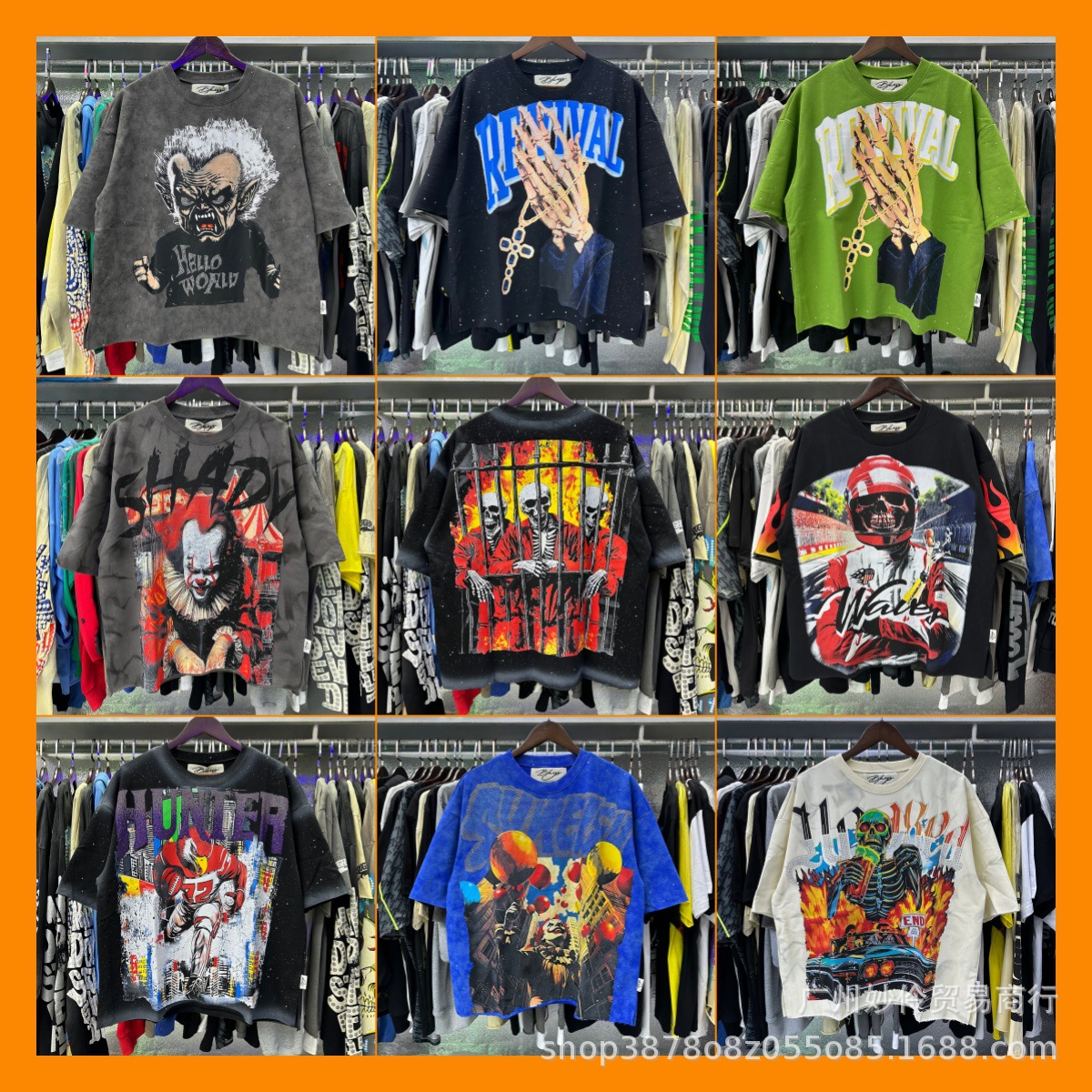 Transfronterizo nueva venta en caliente BKS camiseta de manga corta extraña esqueleto retro lavado de agua caliente perforación en caliente para hombres y mujeres de moda en stock lotes