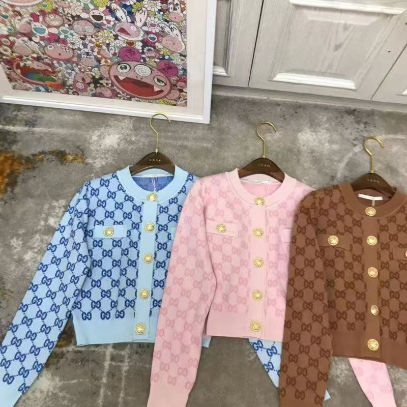 Socialite Style Letter-Printed Metal Buckle Short Knitted Cardigan for Women 2022 Autumn and Winter New Sweater Coat