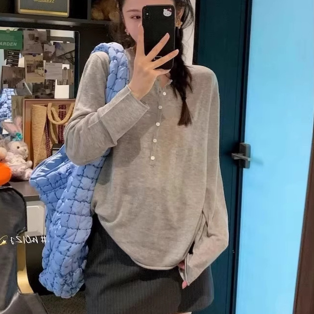 Spring and Summer New Style 2026 Loose-Fitting Women's Slightly See-Through Knitted Solid Color Long-Sleeve Korean-Style T-Shirt Wholesale in Stock