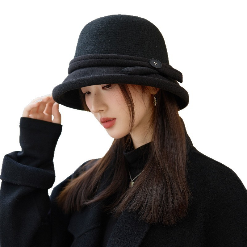 韩版秋冬季帽子女款时尚百搭大头围保暖盆帽蝴蝶结毛呢气质渔夫帽|undefined