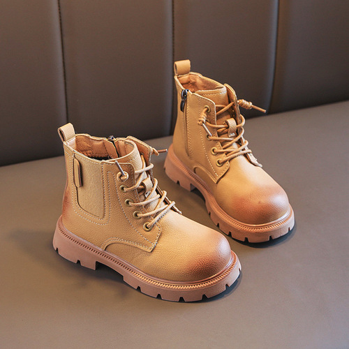 Boys' boots autumn and winter new style girls' soft-soled Martin boots for middle-aged and older children's student short boots baby plus velvet warm leather boots