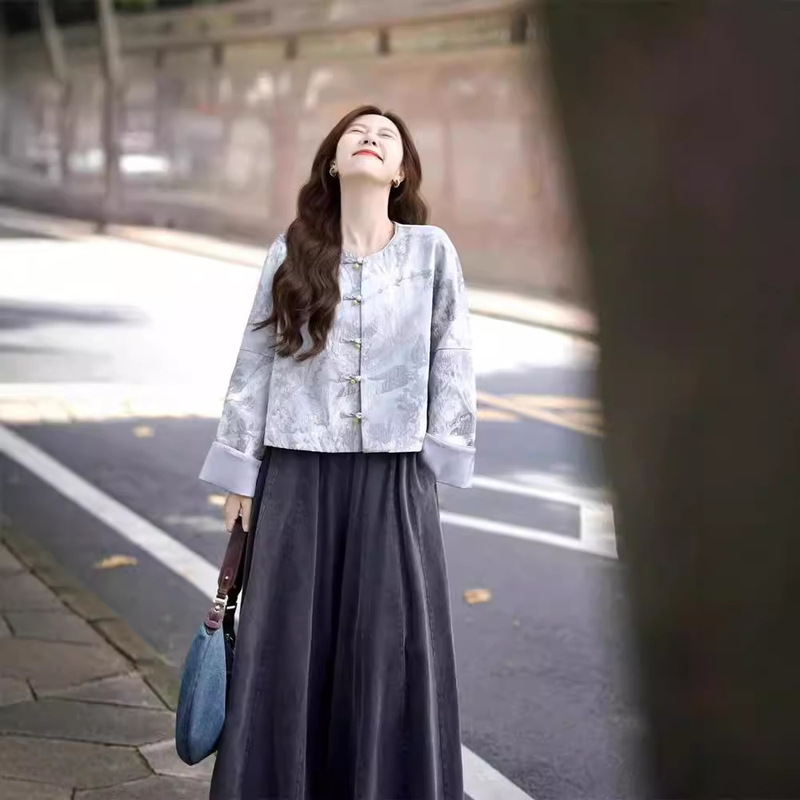 New Autumn Wear High-end suit New Chinese Style National Style Printed Short Coat Wide Leg Pants Elegant Two-piece Set