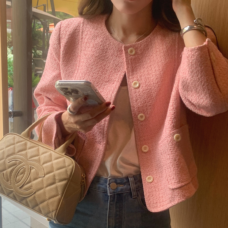In-Stock Real Photos French Retro Elegant Chanel-Style Single-Breasted Short Tweed Blazer Jacket 2 Colors