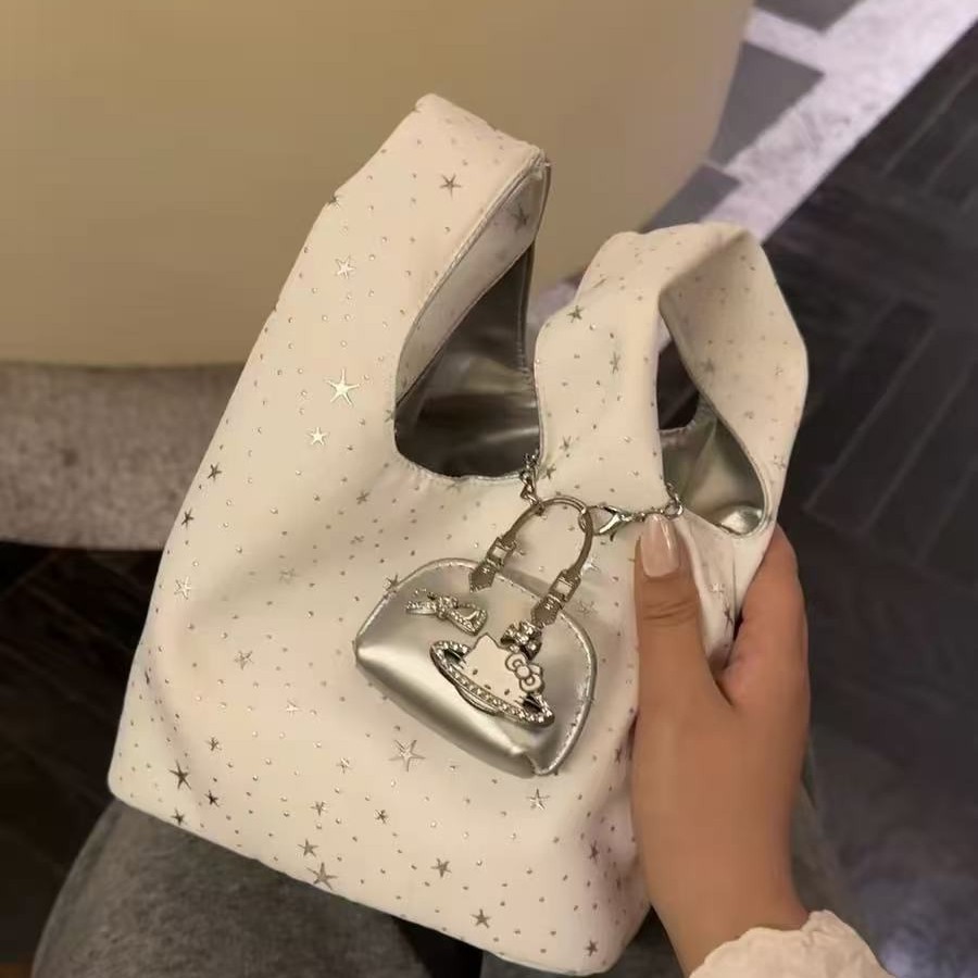 Korean-Style High-End Silver Star Handbag, Simple and Versatile for Commuting, Storage Bag for Office Essentials, Handbag for Girls