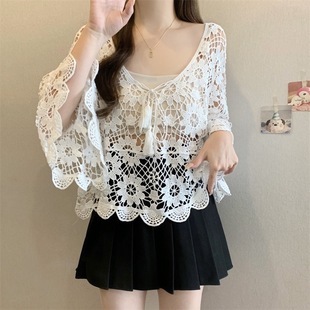 plus size Women's Spring New chubby girl French Vintage Crochet Hollow Knitted Cardigan Shawl Lace-up Outer Top