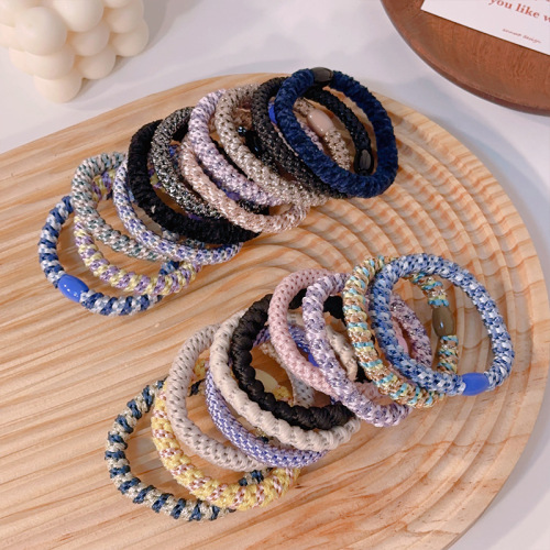 Cross-border colored braided rubber band basic style girls high ponytail gold and silver wire contrasting thickened bracelet hair rope