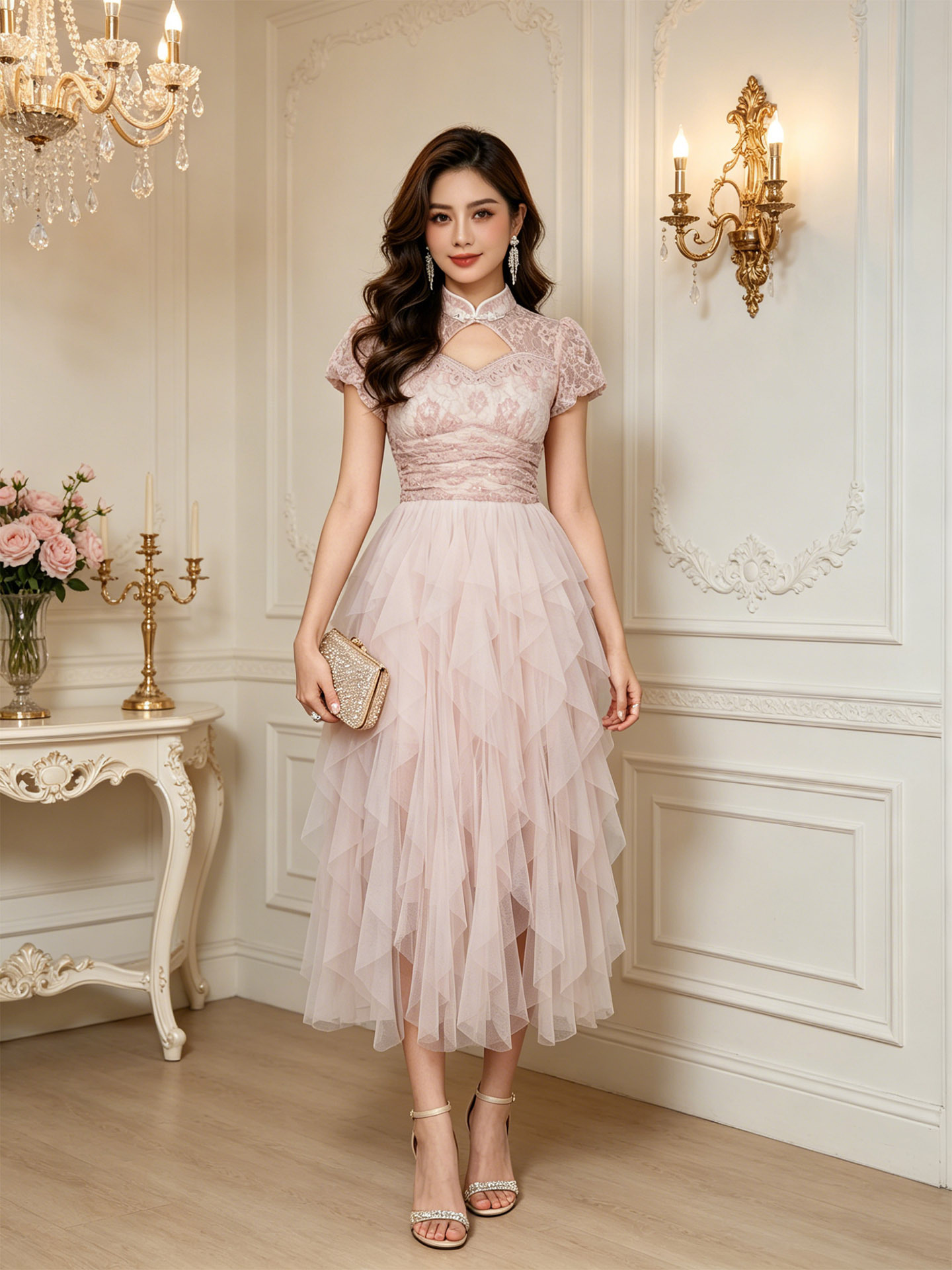 Đầm maxi nữ tân cổ điển cổ tròn ren phối lưới thắt eo — màu hồng