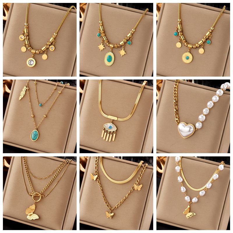 Fashion Butterfly Titanium Steel Pearl Plating Inlay Artificial Gemstones Turquoise Pendant Necklace