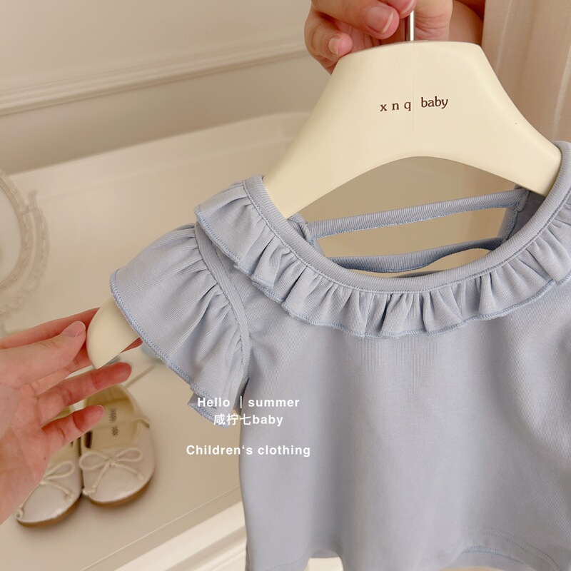 [Xian Ning Qi] 女の子用キャミソール夏子供用甘い蓮の葉襟ノースリーブTシャツ女の子用ファッショナブルな半袖|undefined