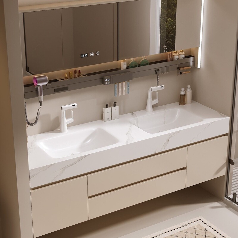 Light luxury cream-style rock slab hot-bent integrated double-basin bathroom cabinet set for large-sized bathrooms Light luxury cream-style rock slab hot-bent integrated double-basin bathroom cabinet set for large-sized bathrooms