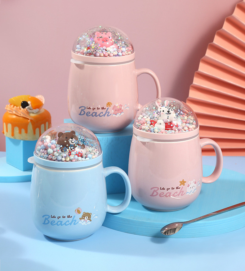 韩式创意微景观游泳圈陶瓷杯带盖卡通动物咖啡马克杯学生情侣水杯详情5