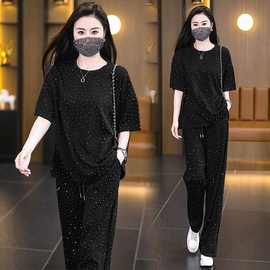 潮流烫钻休闲套装女2025夏新款大码气质遮肉上衣宽松阔腿裤两件套