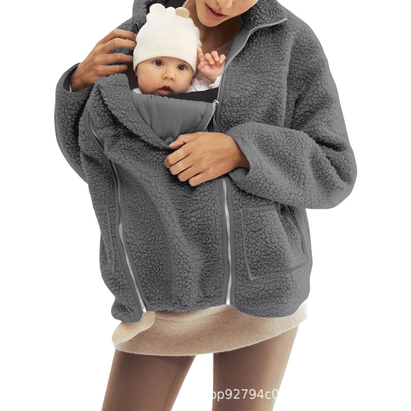 Cross-Border 2025 Autumn and Winter New Family Loose Kangaroo Mother and Child One-Piece Pure Color Lazy Style Lamb Wool Woolen Jacket