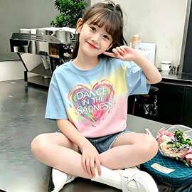 现货女童短袖T恤冰丝弹力卡通印花洋气宽松半袖上衣中大童t恤女童