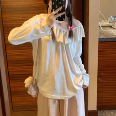 甜美少女风纯色花边V领长袖T恤 秋季纯欲风斜肩显瘦宽松长袖上衣