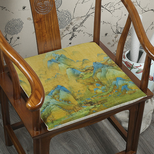 Thousand Miles of Rivers and Mountains Cushion New Chinese Zen Landscape Chair Cushion Mahogany Chair Circle Chair Tea Room Linen Sponge Cushion