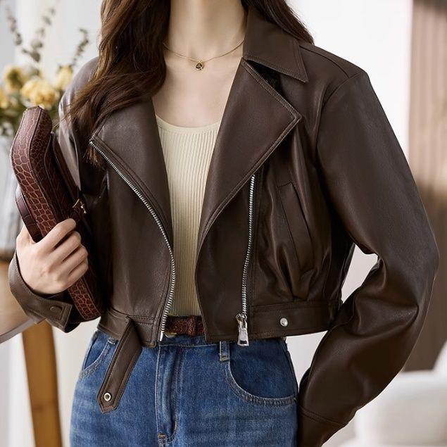 2025春秋今年流行短款小皮衣咖色翻领机车服外套设计感pu皮夹克女|undefined