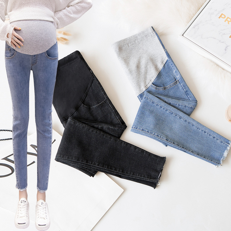 Spring Maternity Denim Nine-Point Belly-Supporting Casual Skinny Pants for Pregnant Women