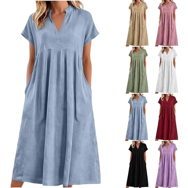 European and American Cross-Border Summer Casual Beach Bohemian Style V-Neck Pleated Short-Sleeved Women's Cotton and Linen Long Dress European and American Cross-Border Summer Casual Beach Bohemian Style V-Neck Pleated Short-Sleeved Women's Cotton and Linen Long Dress
