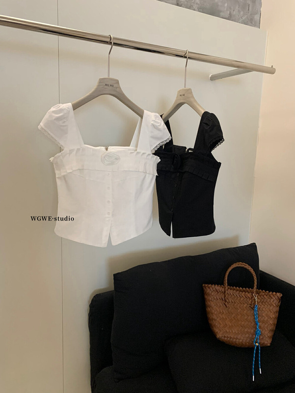 WGWE夏純欲風方襟半袖tシャツ立体花腰を収めて短い上着のシャツW5658|undefined
