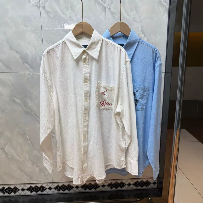 High-End R/L Ralph Linen Shirt with Small Horse Embroidery, Pocket Style, Long-Sleeve, Women's Loose Fit, Breathable Sun Protection Shirt High-End R/L Ralph Linen Shirt with Small Horse Embroidery, Pocket Style, Long-Sleeve, Women's Loose Fit, Breathable Sun Protection Shirt