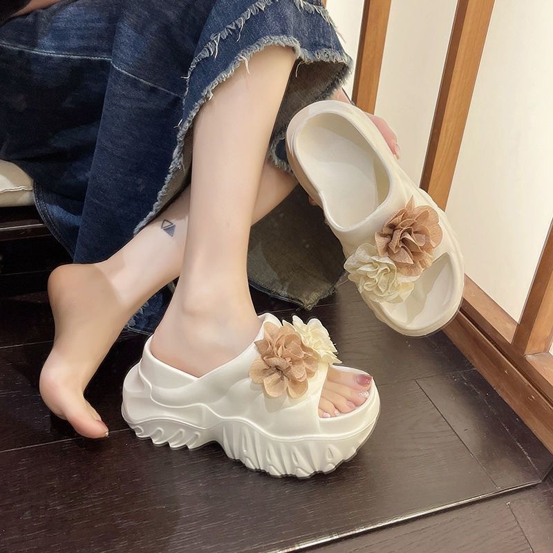 Super High Heel Beach Flip Flops Women's Outer Wear 2025 Summer New Fashion Platform Bottom Thick Slippers Flower Slippers