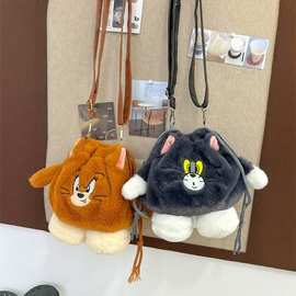可爱少女心猫和老鼠毛绒包包2024新款个性卡通抽绳斜挎收纳小包