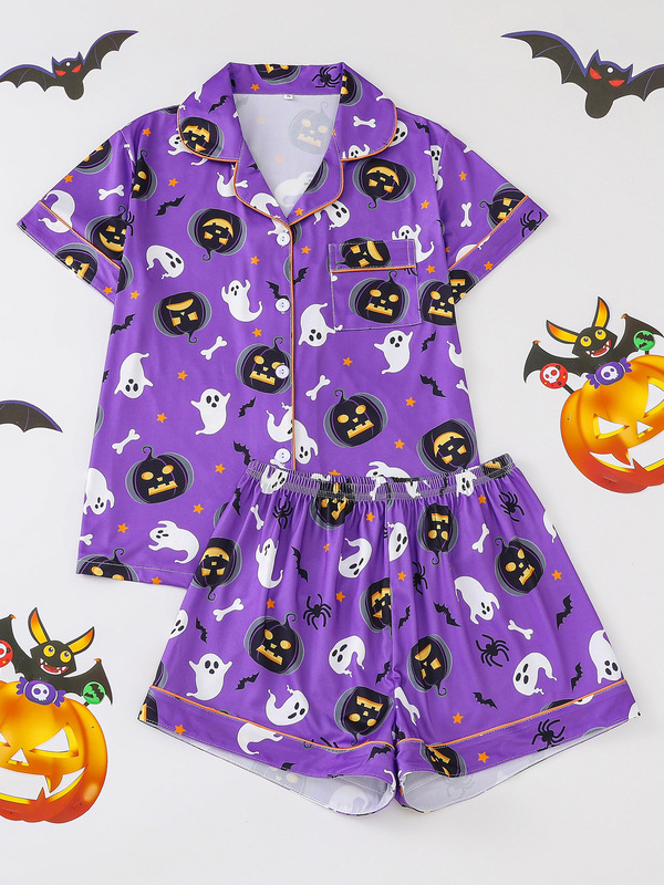 国境を越えた貿易ハロウィンレディース半袖ショーツ四季パジャマセットカーディガンラペルホーム服ゆったりと快適|undefined