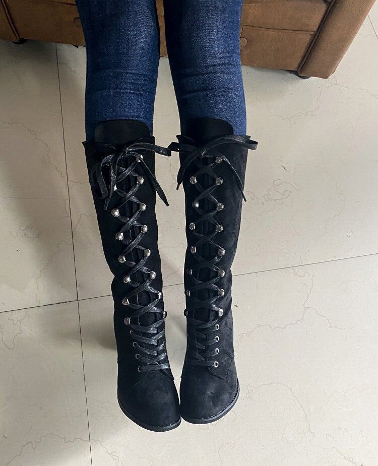 Women's Plus Size High Heeled Fashion Boots Chunky Heel Suede Cross Strap Long Boots European American Style Winter Slimming_vogvips.com